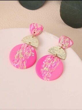 Hot Pink Marbled Drop Earrings with Gold Half-Moon